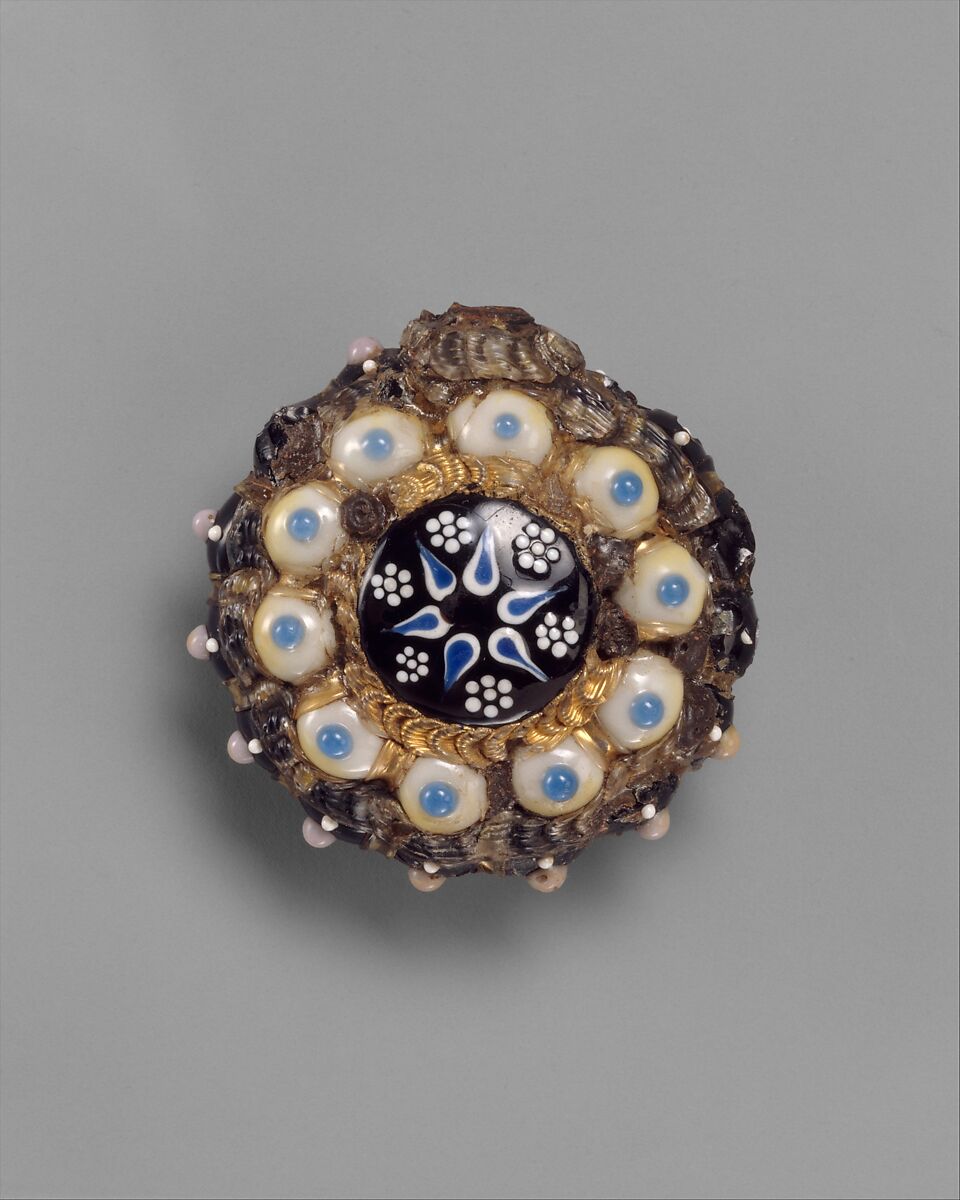 Scent bottle and stopper, possibly factory of Bernard Perrot (Italian, active in France, 1619–1709), Dark amethyst ("black"), opaque white, pink, dark and light blue, dark brown, yellow, and colorless glass; iron. Lampworked, trailed, gilt., Possibly France, Nevers or Orléans