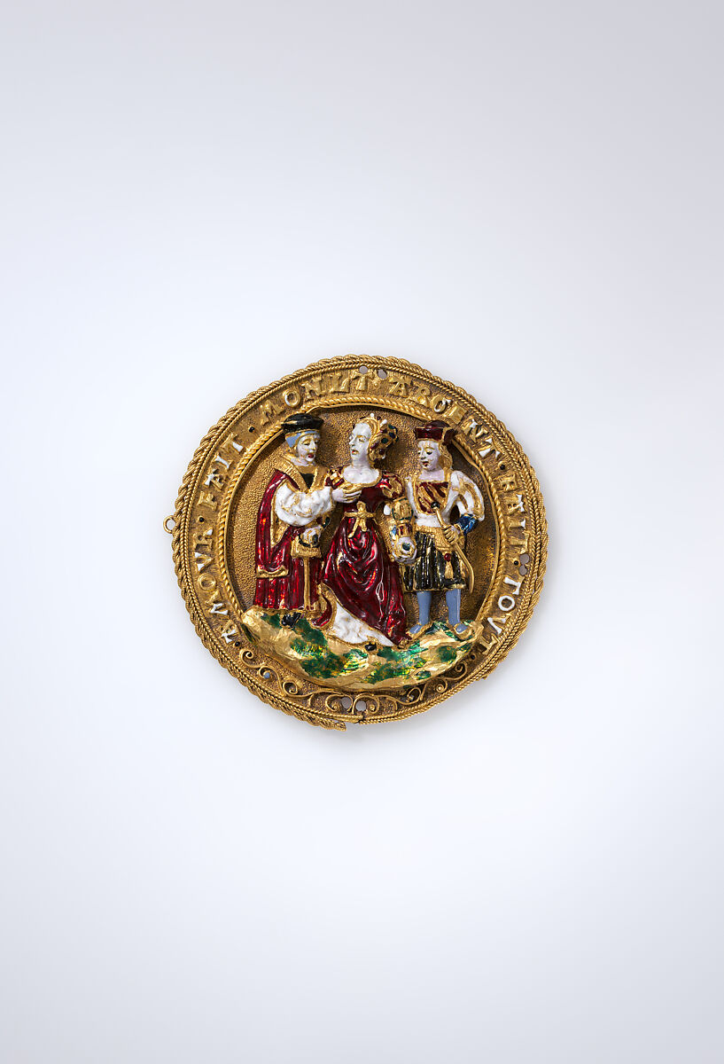 Hat Badge: Woman Choosing Between Youth and Old Age, Gold, gold filigree and enamel, probably Flemish (Malines)