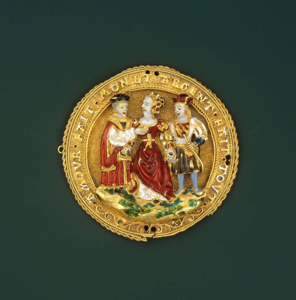 Hat Badge: Woman Choosing Between Youth and Old Age, Gold, gold filigree and enamel, probably Flemish (Malines)