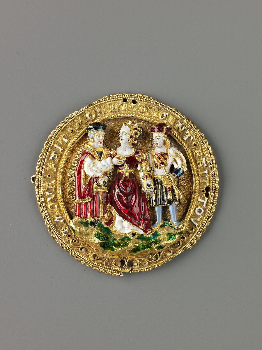 Hat Badge: Woman Choosing Between Youth and Old Age, Gold, gold filigree and enamel, probably Flemish (Malines) 