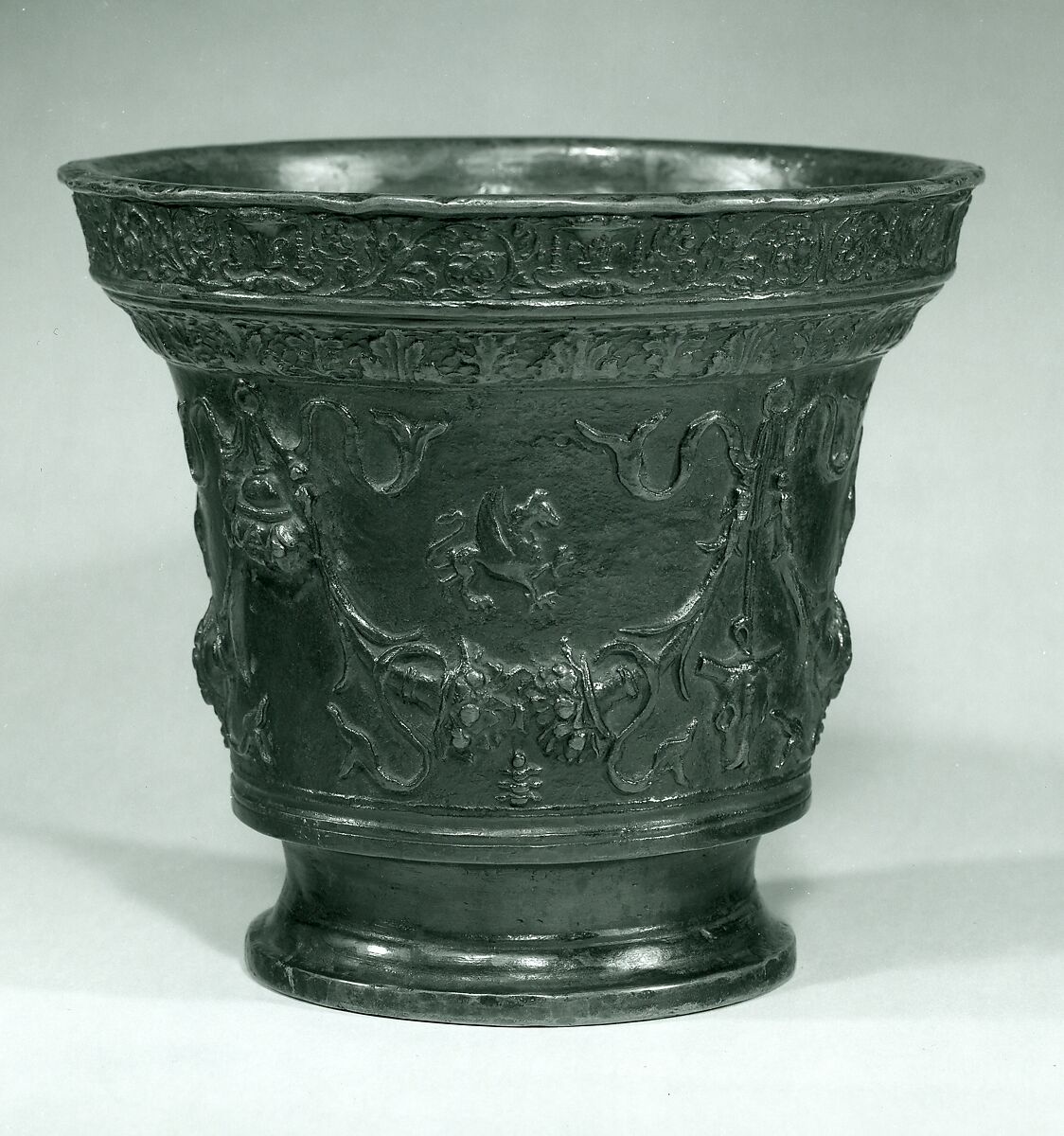 Mortar, Alberghetti Foundry  , Venice, Copper alloy with a high content of tin, some lead, and no trace of zinc; the usual trace elements of iron, nickel, silver, and antimony are present, confirming that this is an alloy of fire-refined copper, certainly dating before about 1880; dark brown patina., Italian, Venice 