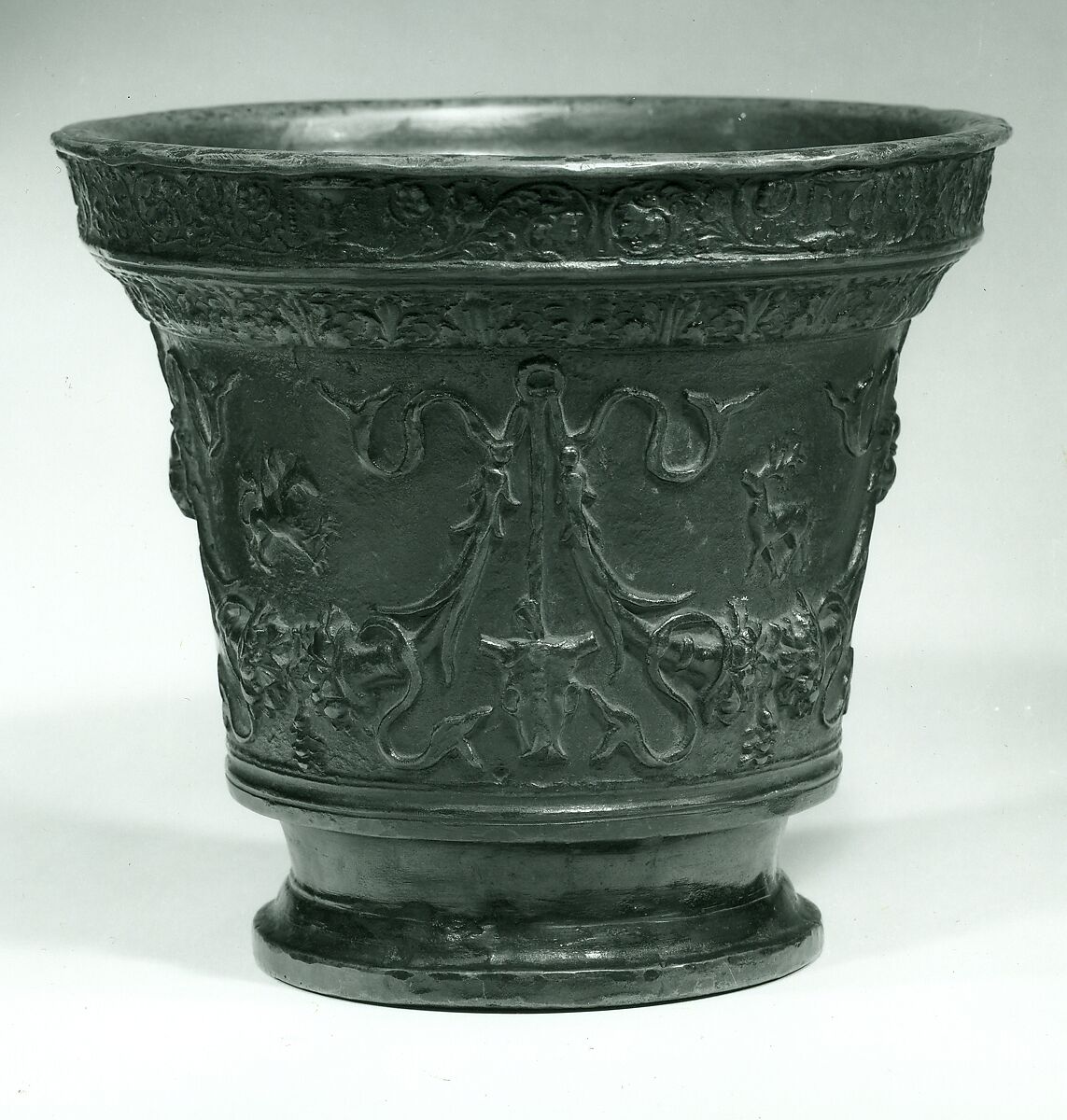 Mortar, Alberghetti Foundry  , Venice, Copper alloy with a high content of tin, some lead, and no trace of zinc; the usual trace elements of iron, nickel, silver, and antimony are present, confirming that this is an alloy of fire-refined copper, certainly dating before about 1880; dark brown patina., Italian, Venice
