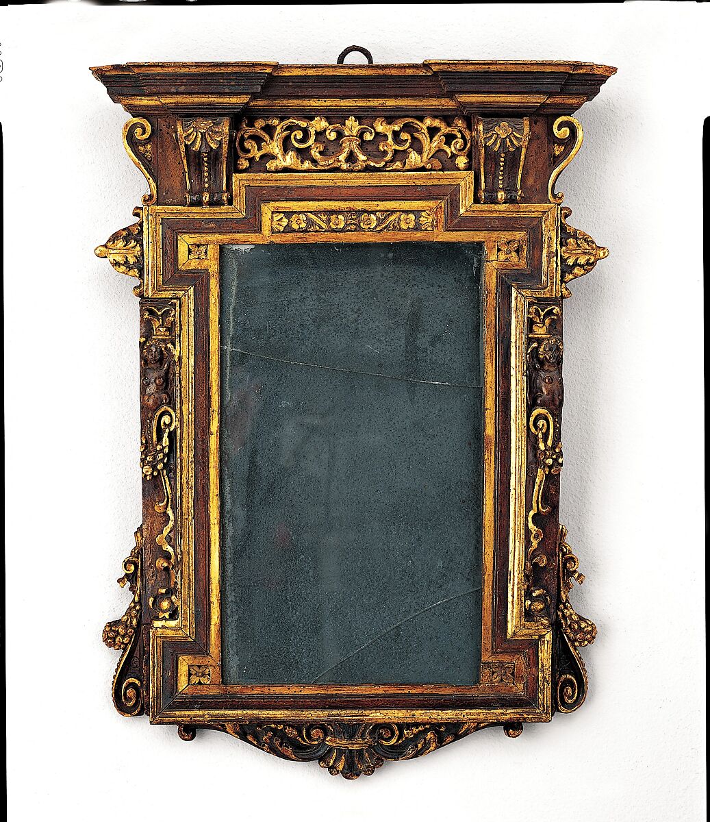 Tabernacle mirror frame, Poplar and walnut, Italian, South Lombardy 
