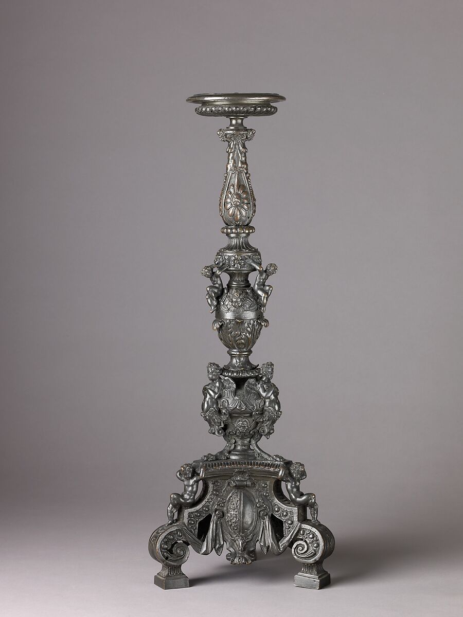 Candelabra Supported by Putti, Workshop of Niccolò Roccatagliata (Italian, born Genoa, active 1593–1636), Copper alloy,  with a black lacquer or wax patina., Italian, Venice 