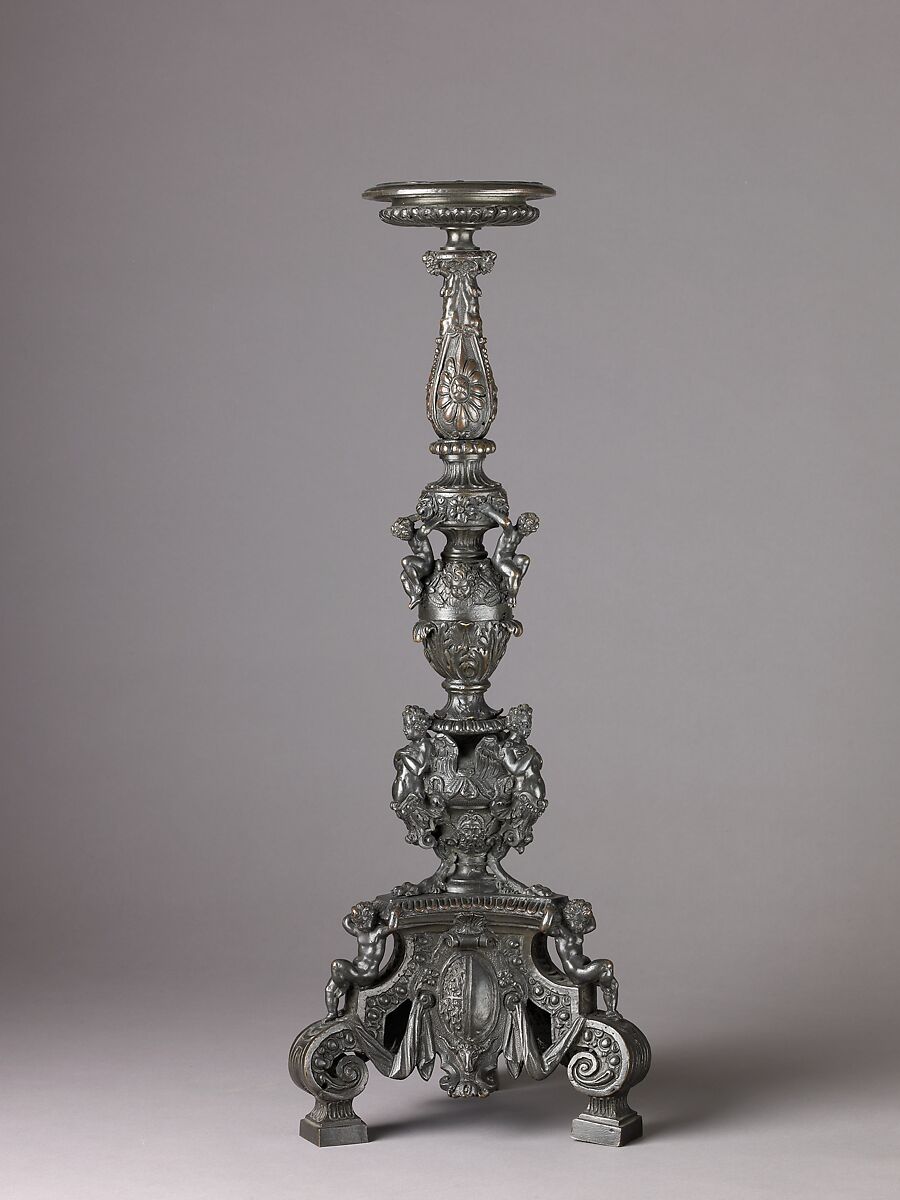 Candelabra Supported by Putti, Workshop of Niccolò Roccatagliata (Italian, born Genoa, active 1593–1636), Copper alloy,  with a black lacquer or wax patina., Italian, Venice