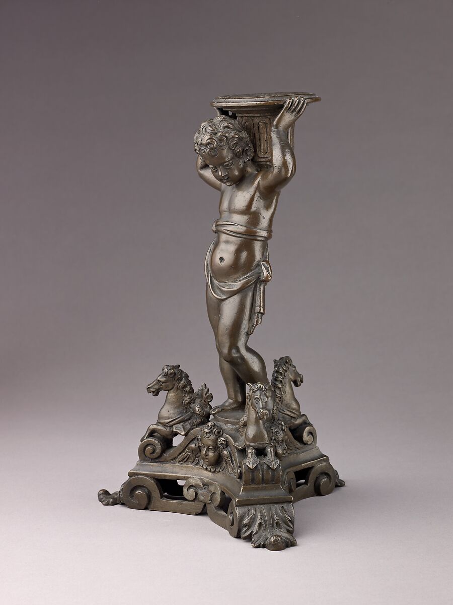 Candlestick in the form of a Putto (see also 1975.1.1374, .1376, .1377), Bronze (Copper alloy with a dull patina verying from a reddish to olive green color)., Italian, Venice 