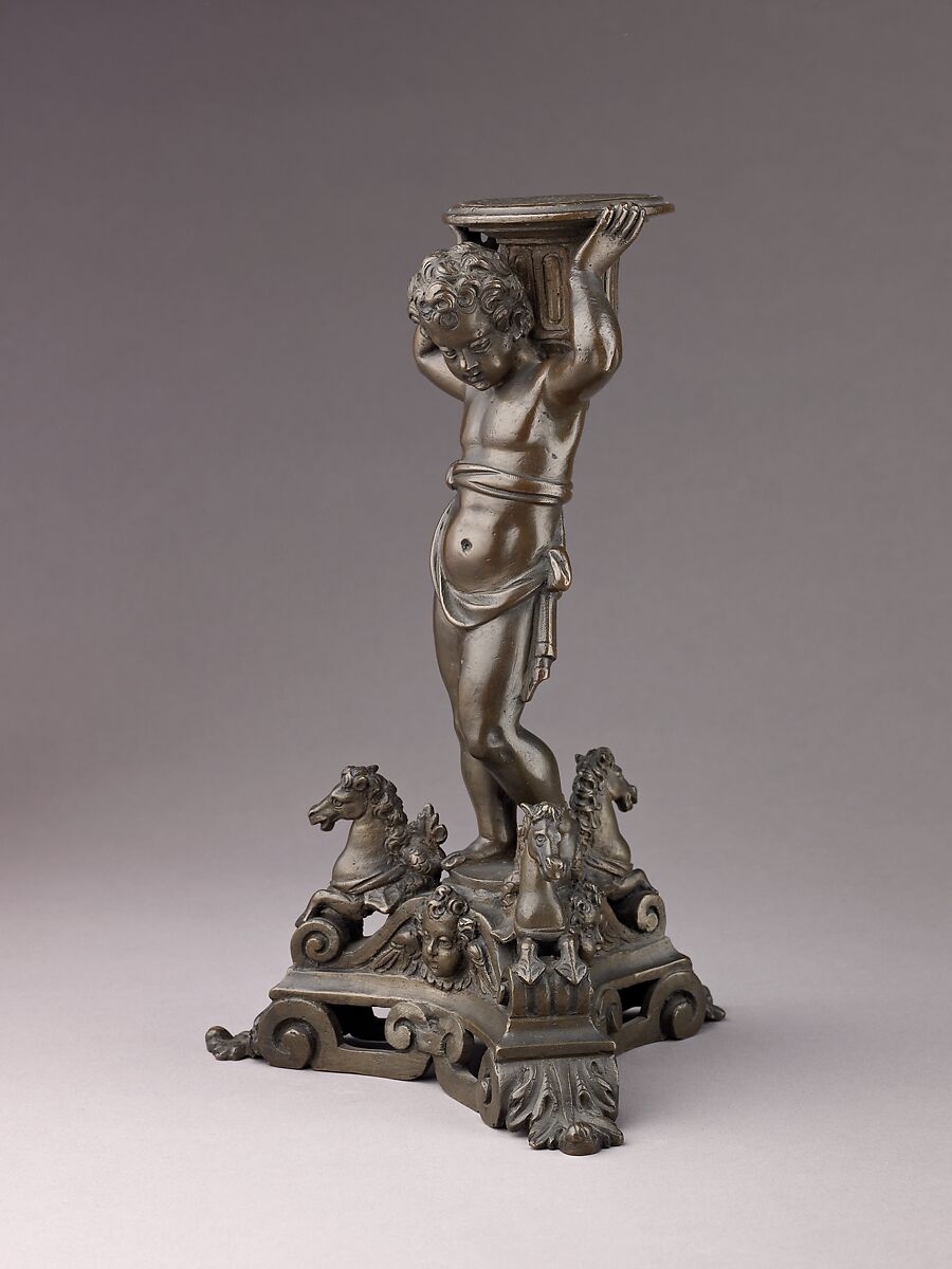 Candlestick in the form of a Putto (see also 1975.1.1374, .1376, .1377), Bronze (Copper alloy with a dull patina verying from a reddish to olive green color)., Italian, Venice