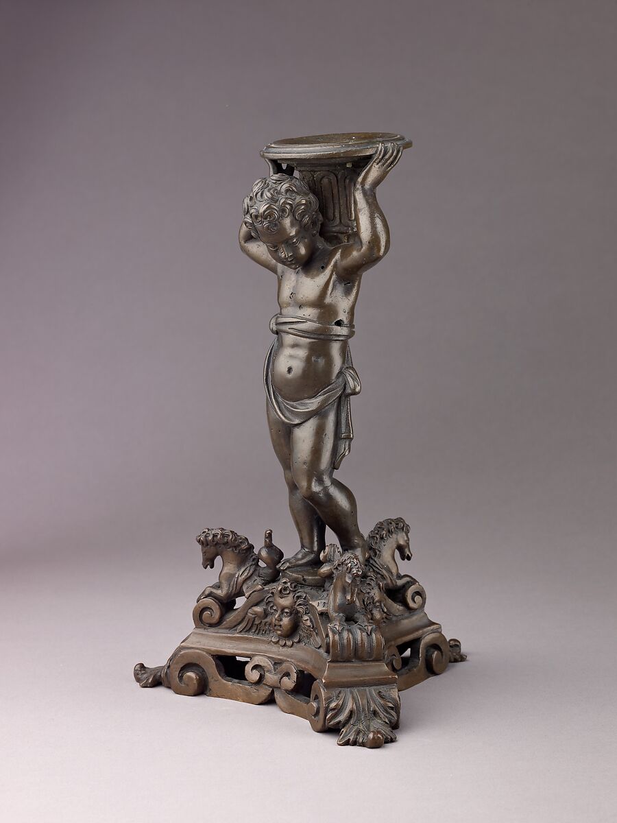 Candlestick in the form of a Putto (see also 1975.1.1374, .1375, .1377), Bronze (Copper alloy with a dull patina varying from a reddish to olive green color)., Italian, Venice 