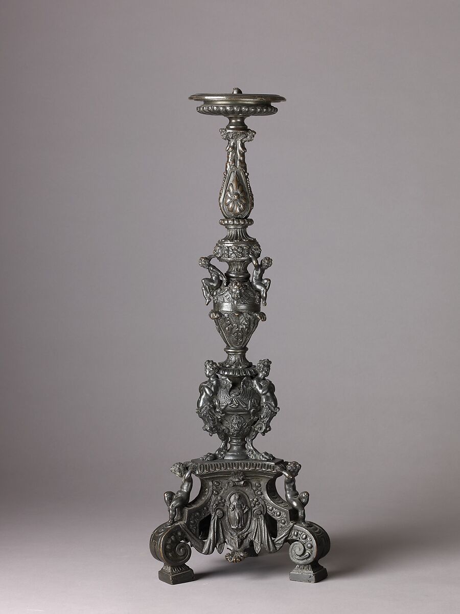 Candlestick Supported by Putti, Workshop of Niccolò Roccatagliata (Italian, born Genoa, active 1593–1636), Copper alloy,  with a black lacquer or wax patina. 