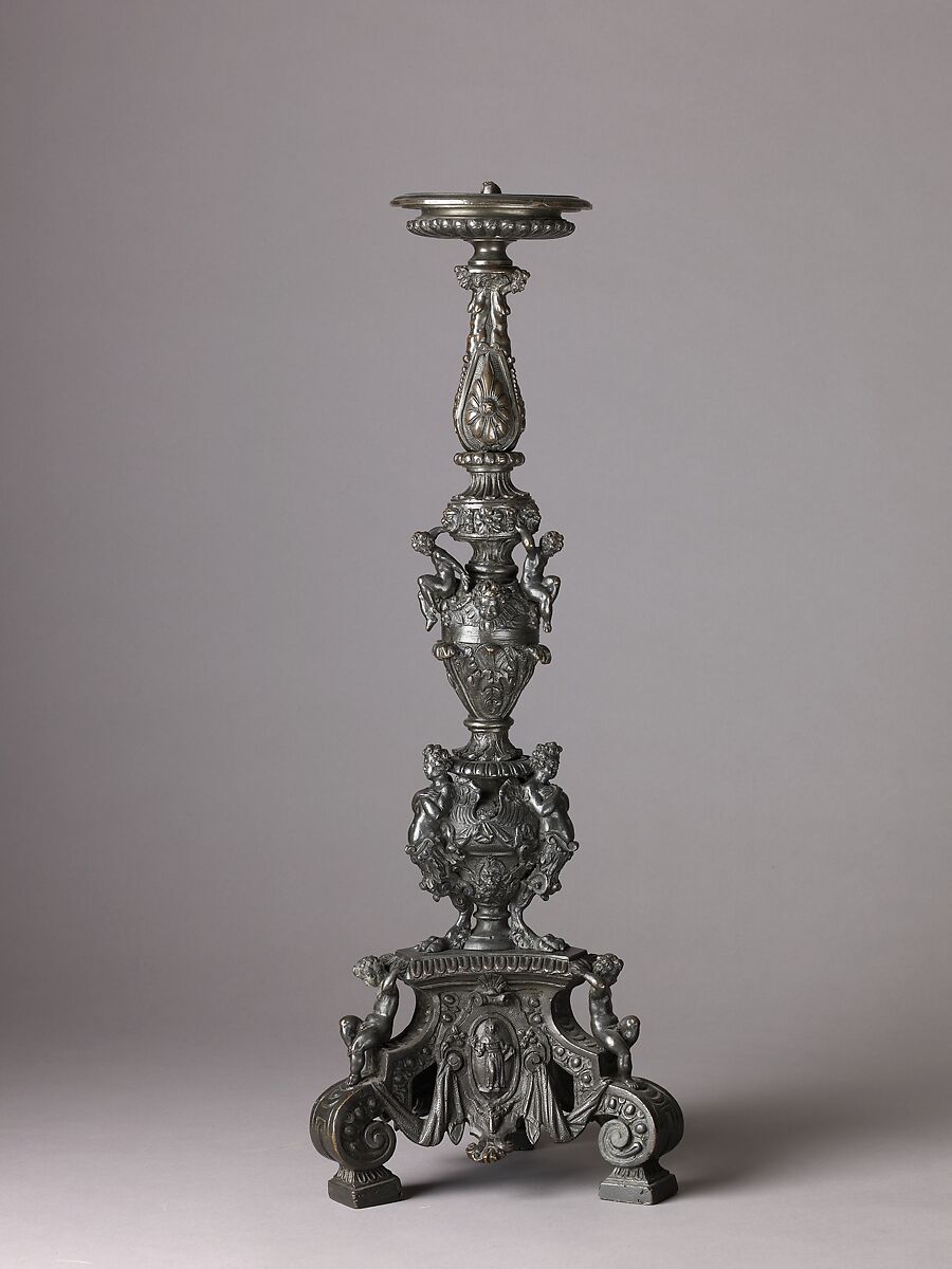 Candlestick Supported by Putti, Workshop of Niccolò Roccatagliata (Italian, born Genoa, active 1593–1636), Copper alloy,  with a black lacquer or wax patina.