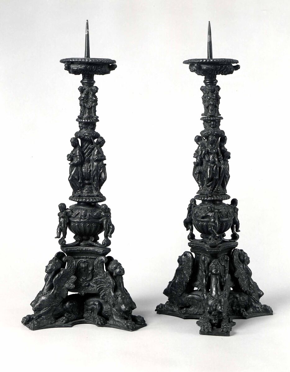 Altar candlestick (pair with 1975.1.1383), Andrea di Alessandri, called Il Bresciano (Italian, Brescia ca. 1530–ca. 1569 Venice), Copper alloy with a thick black varnish patina. 