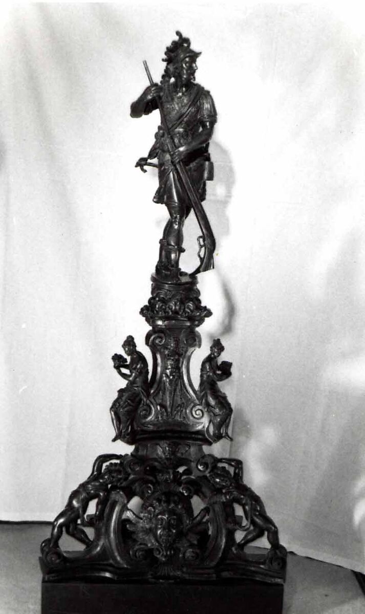 Andiron, Model, workshop of Niccolò Roccatagliata (Italian, born Genoa, active 1593–1636) (?), Venice, Copper alloy with a warm brown patina under a partly worn dark brown to black patina, cast in three segments.