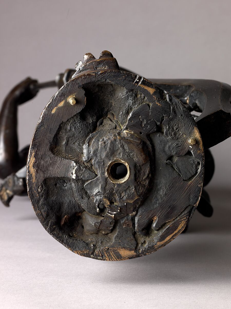 Andiron, Model, workshop of Niccolò Roccatagliata (Italian, born Genoa, active 1593–1636) (?), Venice, Copper alloy with a warm brown patina under a partly worn dark brown to black patina, cast in three segments.