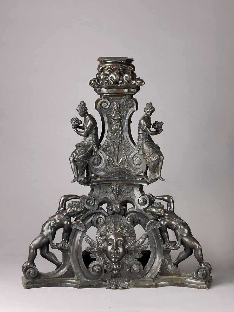 Andiron, Model, workshop of Niccolò Roccatagliata (Italian, born Genoa, active 1593–1636) (?), Venice, Copper alloy with a warm brown patina under a partly worn dark brown to black patina, cast in three segments.