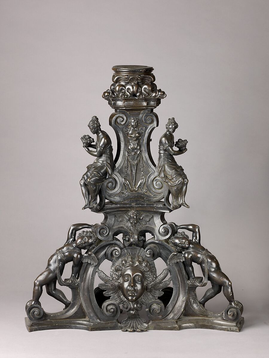Andiron, Model, workshop of Niccolò Roccatagliata (Italian, born Genoa, active 1593–1636) (?), Venice, Copper alloy with a warm brown patina under a partly worn dark brown to black patina, cast in three segments.