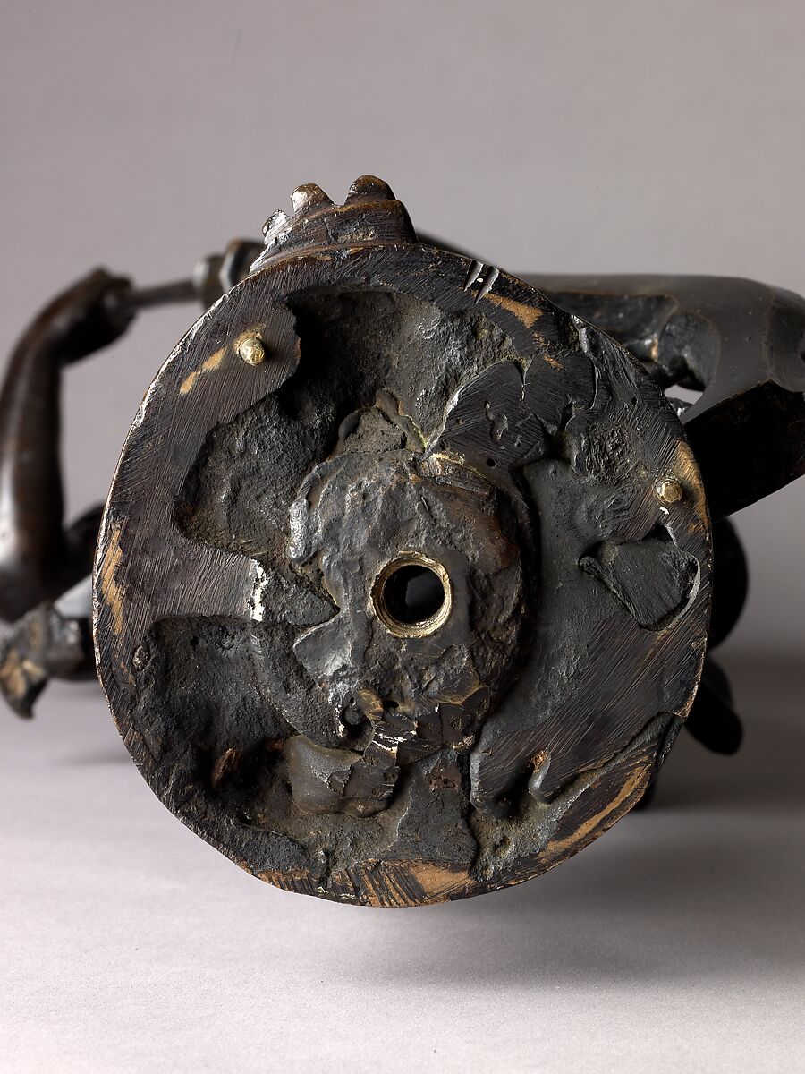 Andiron, Model, workshop of Niccolò Roccatagliata (Italian, born Genoa, active 1593–1636) (?), Venice, Copper alloy with a warm brown patina under a partly worn dark brown to black patina, cast in three segments.