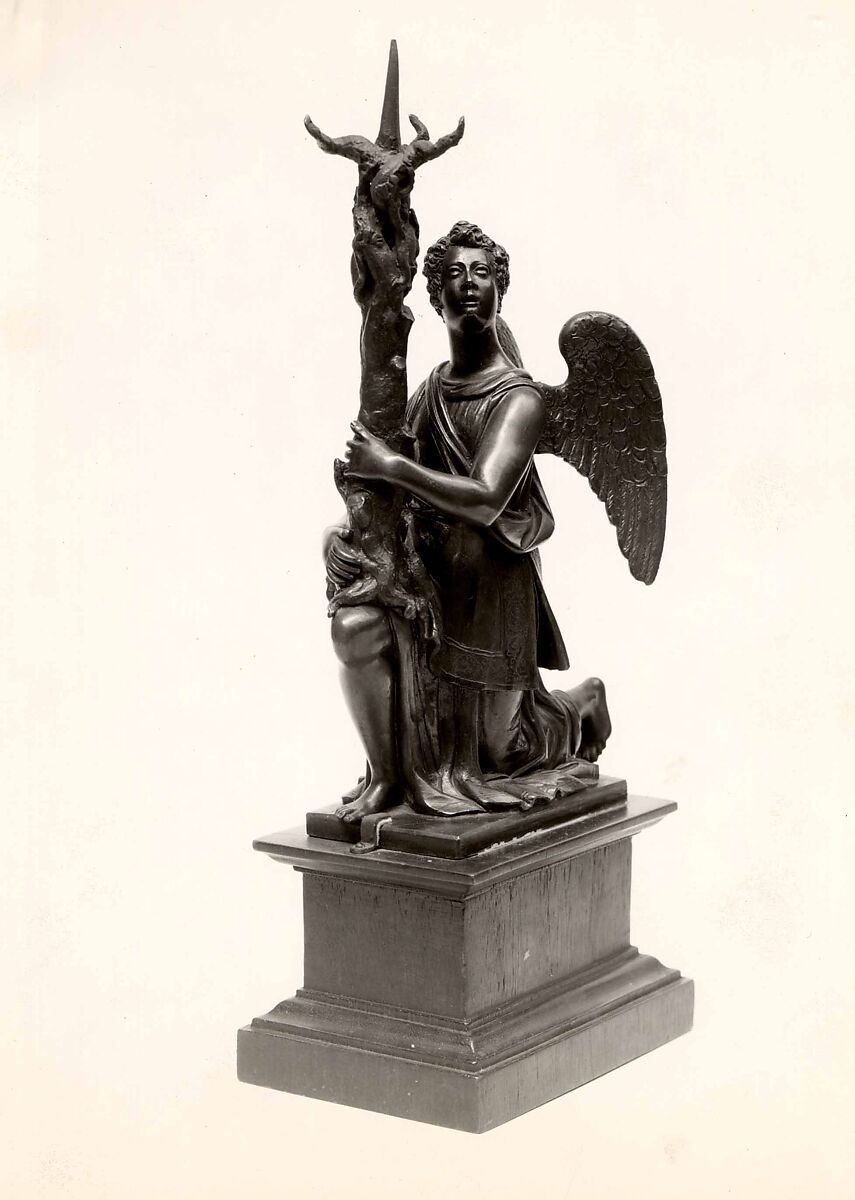Candlestick in the Form of a Kneeling Angel, Close collaborator of Giambologna (Netherlandish, Douai 1529–1608 Florence)  , possibly Hans Reichle (German, Schongau 1570–1642 South Tyrol), Reddish copper alloy covered with a natural, warm brown patina