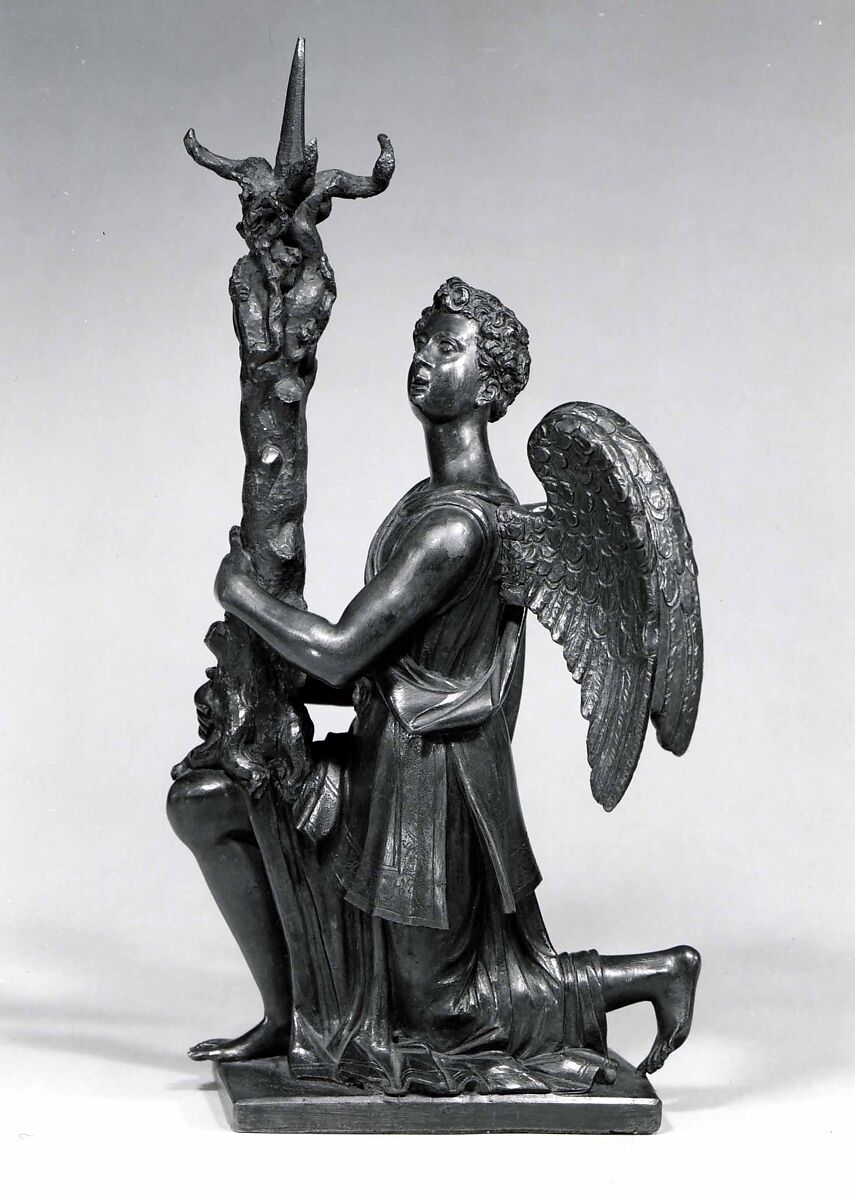 Candlestick in the Form of a Kneeling Angel, Close collaborator of Giambologna (Netherlandish, Douai 1529–1608 Florence)  , possibly Hans Reichle (German, Schongau 1570–1642 South Tyrol), Reddish copper alloy covered with a natural, warm brown patina