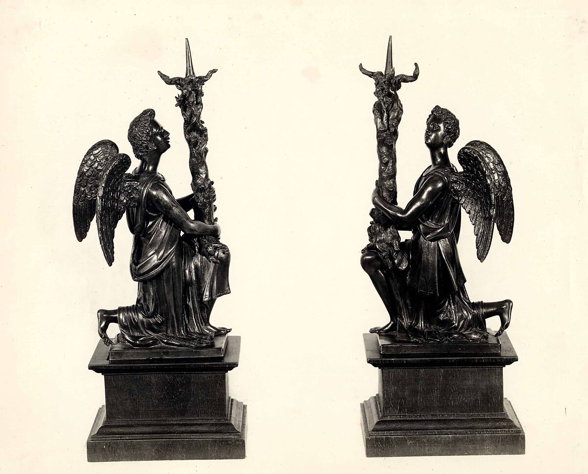 Candlestick in the Form of a Kneeling Angel, Close collaborator of Giambologna (Netherlandish, Douai 1529–1608 Florence)  , possibly Hans Reichle (German, Schongau 1570–1642 South Tyrol), Reddish copper alloy covered with a natural, warm brown patina