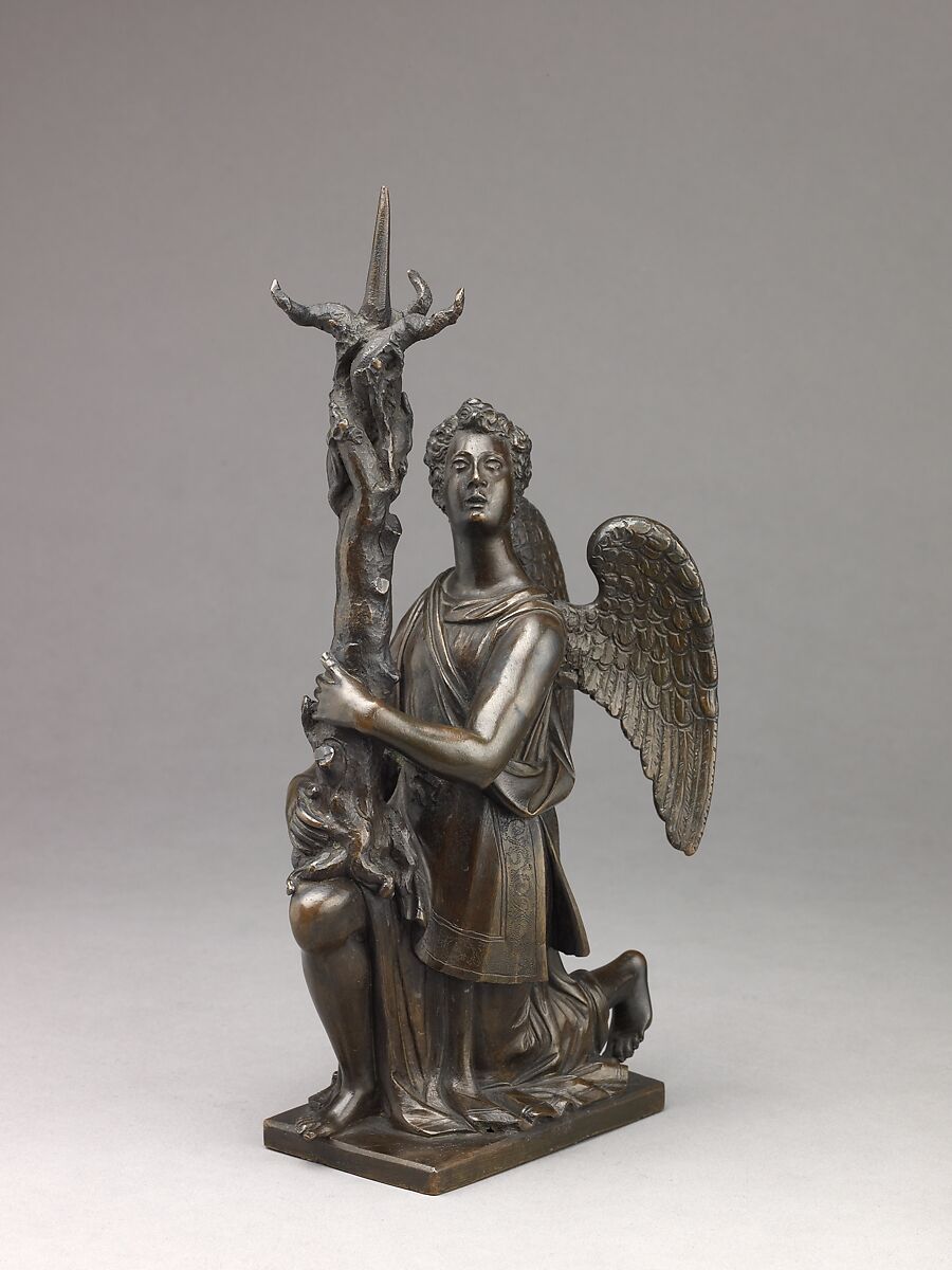 Candlestick in the Form of a Kneeling Angel, Close collaborator of Giambologna (Netherlandish, Douai 1529–1608 Florence)  , possibly Hans Reichle (German, Schongau 1570–1642 South Tyrol), Reddish copper alloy covered with a natural, warm brown patina 