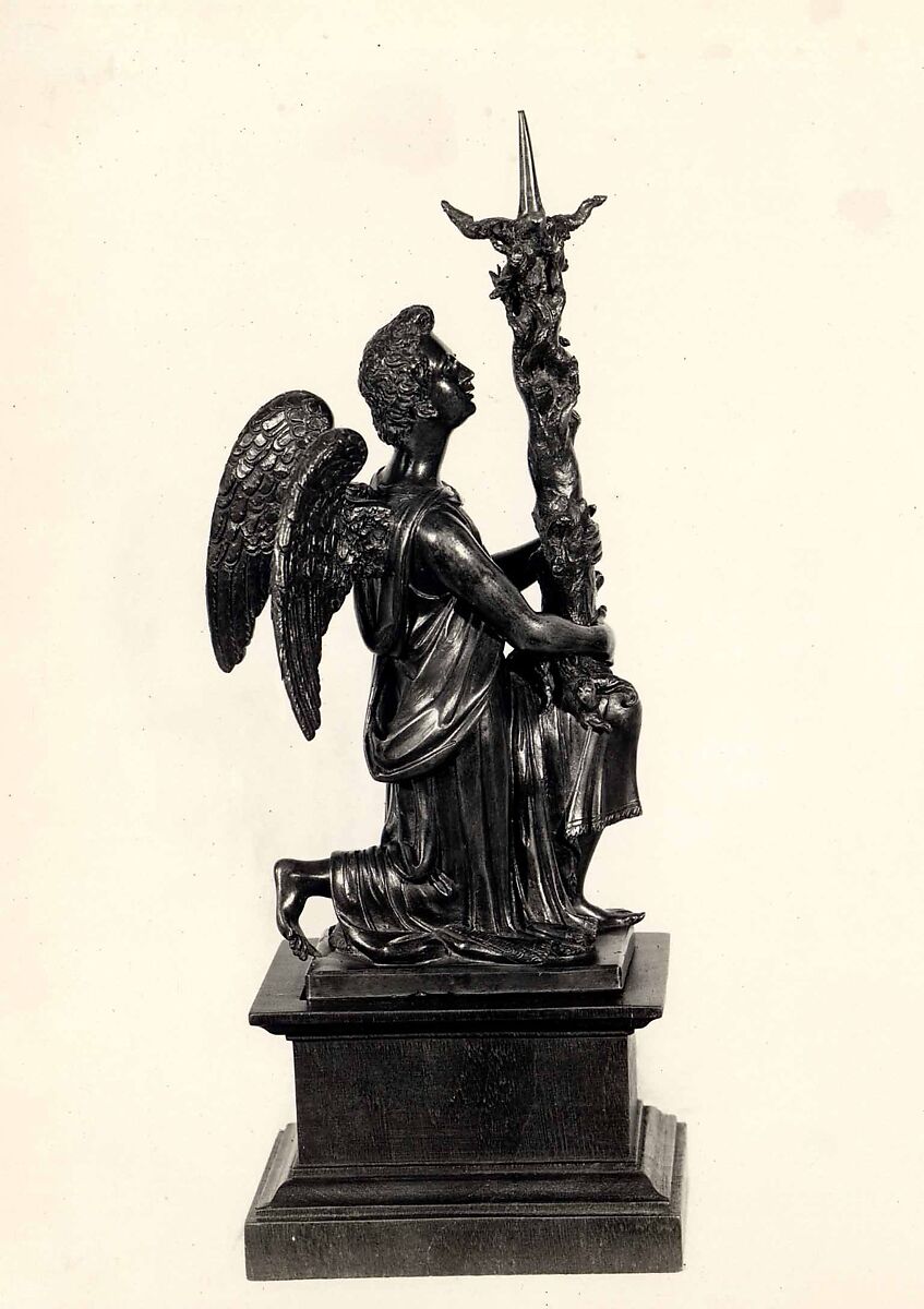 Candlestick in the Form of a Kneeling Angel, Close collaborator of Giambologna (Netherlandish, Douai 1529–1608 Florence)  , possibly Hans Reichle (German, Schongau 1570-1642 South Tyrol), Reddish copper alloy covered with a natural, warm brown patina.