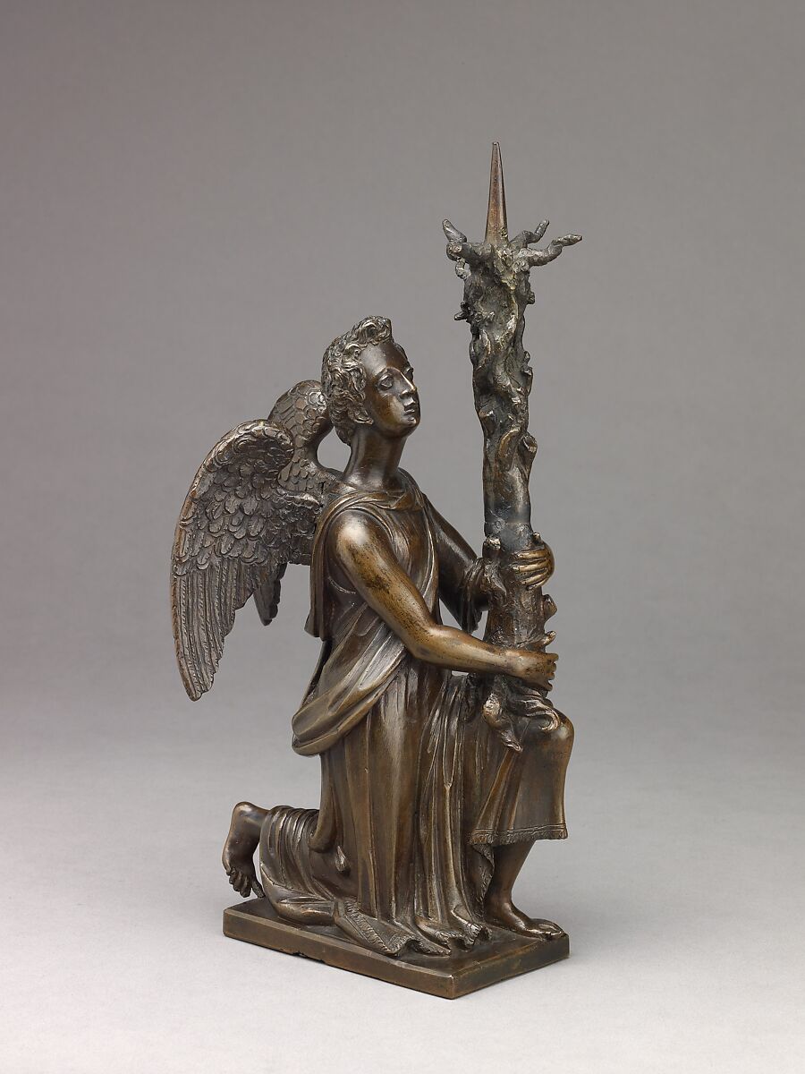 Candlestick in the Form of a Kneeling Angel, Close collaborator of Giambologna (Netherlandish, Douai 1529–1608 Florence)  , possibly Hans Reichle (German, Schongau 1570-1642 South Tyrol), Reddish copper alloy covered with a natural, warm brown patina.