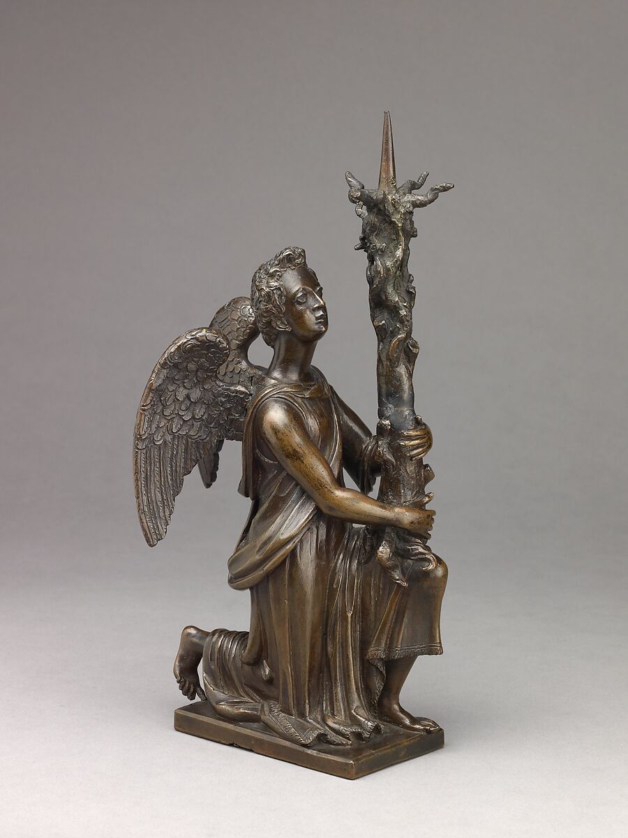 Candlestick in the Form of a Kneeling Angel, Close collaborator of Giambologna (Netherlandish, Douai 1529–1608 Florence)  , possibly Hans Reichle (German, Schongau 1570-1642 South Tyrol), Reddish copper alloy covered with a natural, warm brown patina. 