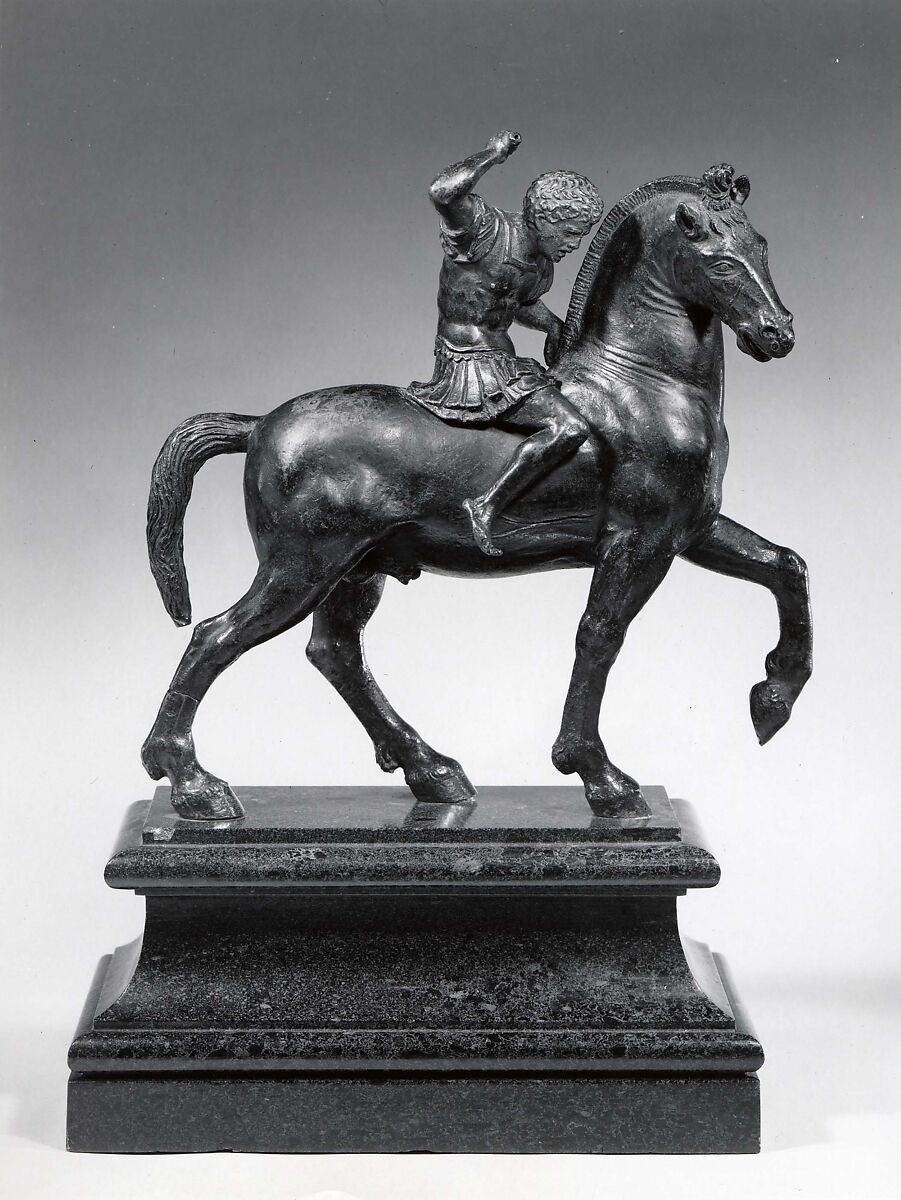 Warrior on Horseback, Attributed to Desiderio da Firenze (Italian, born Florence, active Padua, 1532–45), Ternary alloy of copper, zinc and tin, with small traces of
lead, iron, nickel, silver, and antimony (both horse and rider);
Black lacquer patina under a chocolate brown patina (on
both horse and rider); the eyes of the horse are inlaid with
silver. 