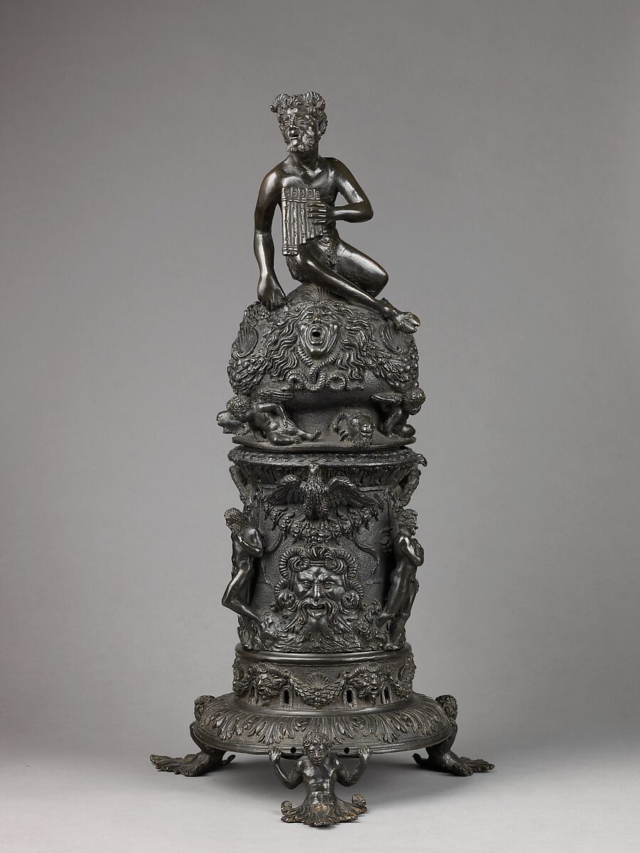 Perfume Burner Surmounted by a Satyr, Workshop of Desiderio da Firenze (Italian, born Florence, active Padua, 1532–45), Binary alloy (copper, tin, with traces of zinc, iron, nickel, silver, and antimony); a brown to olive green patina and minor traces of gilding. 