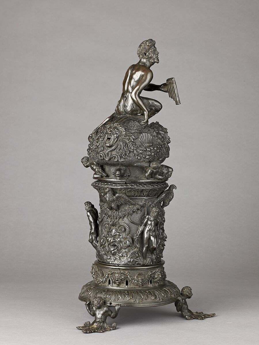 Perfume Burner Surmounted by a Satyr, Workshop of Desiderio da Firenze (Italian, born Florence, active Padua, 1532–45), Binary alloy (copper, tin, with traces of zinc, iron, nickel, silver, and antimony); a brown to olive green patina and minor traces of gilding.