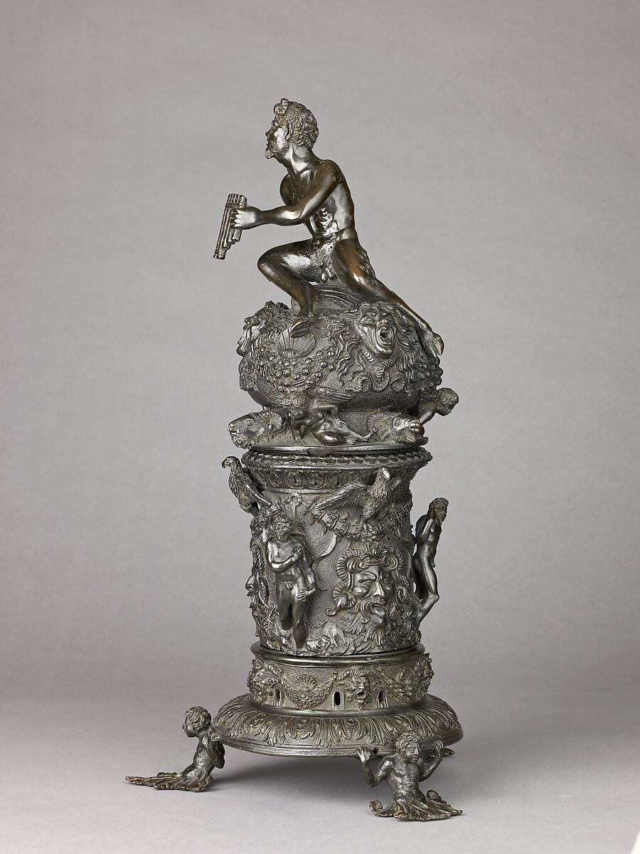 Perfume Burner Surmounted by a Satyr, Workshop of Desiderio da Firenze (Italian, born Florence, active Padua, 1532–45), Binary alloy (copper, tin, with traces of zinc, iron, nickel, silver, and antimony); a brown to olive green patina and minor traces of gilding.
