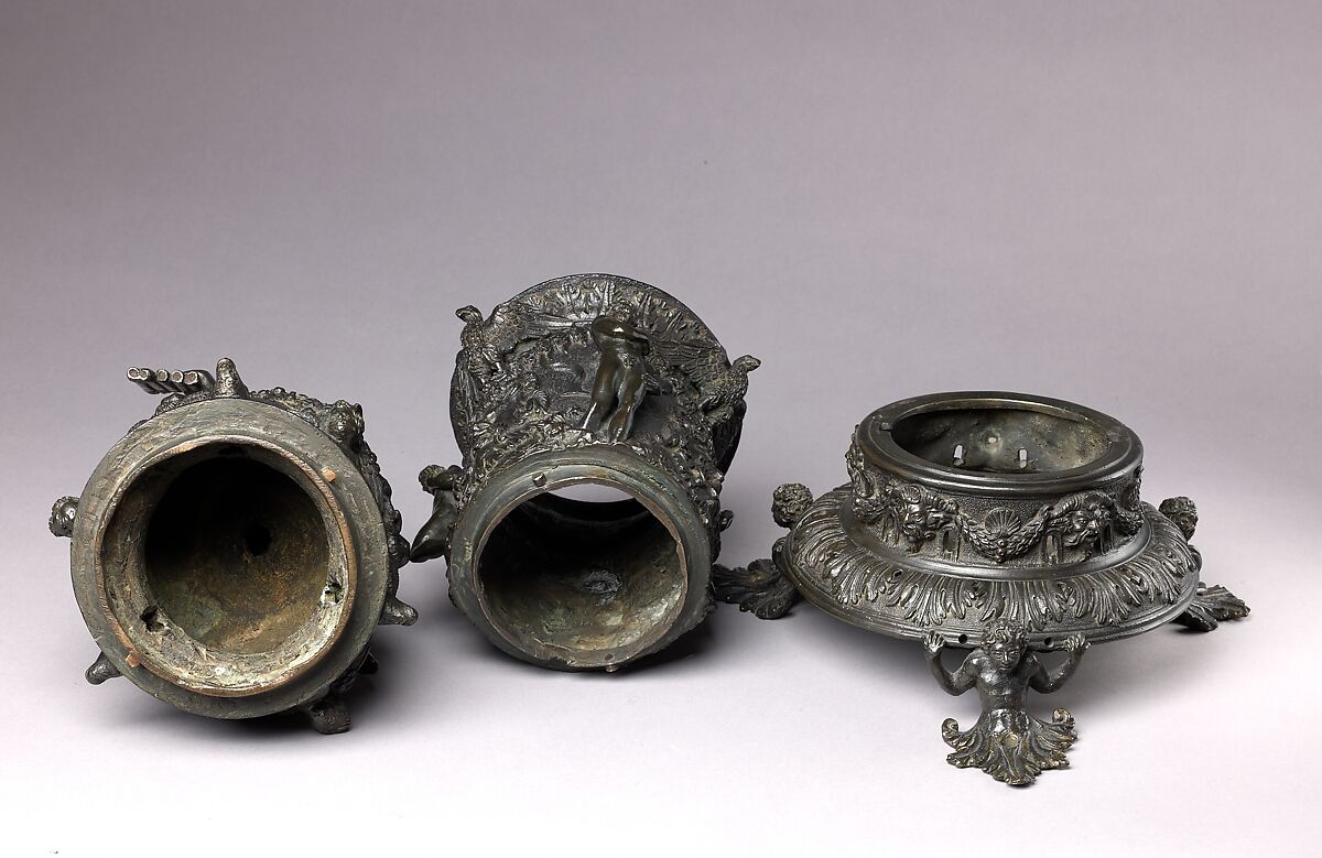 Perfume Burner Surmounted by a Satyr, Workshop of Desiderio da Firenze (Italian, born Florence, active Padua, 1532–45), Binary alloy (copper, tin, with traces of zinc, iron, nickel, silver, and antimony); a brown to olive green patina and minor traces of gilding.