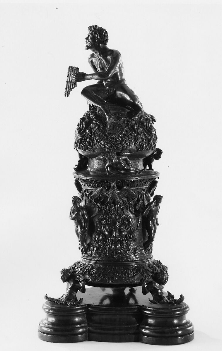 Perfume Burner Surmounted by a Satyr, Workshop of Desiderio da Firenze (Italian, born Florence, active Padua, 1532–45), The cover and body are binary bronze (copper and tin, with traces of zinc, iron, nickel, silver, and antimony); the foot is cast in brass (copperzinc alloy with very minor amounts of tin, lead, and the usual copper impurities of iron, nickel, silver, and antimony).