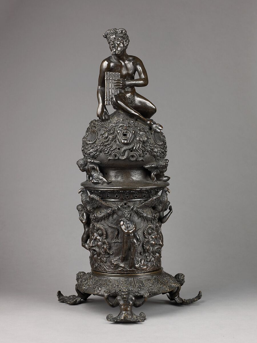 Perfume Burner Surmounted by a Satyr, Workshop of Desiderio da Firenze (Italian, born Florence, active Padua, 1532–45), The cover and body are binary bronze (copper and tin, with traces of zinc, iron, nickel, silver, and antimony); the foot is cast in brass (copperzinc alloy with very minor amounts of tin, lead, and the usual copper impurities of iron, nickel, silver, and antimony).