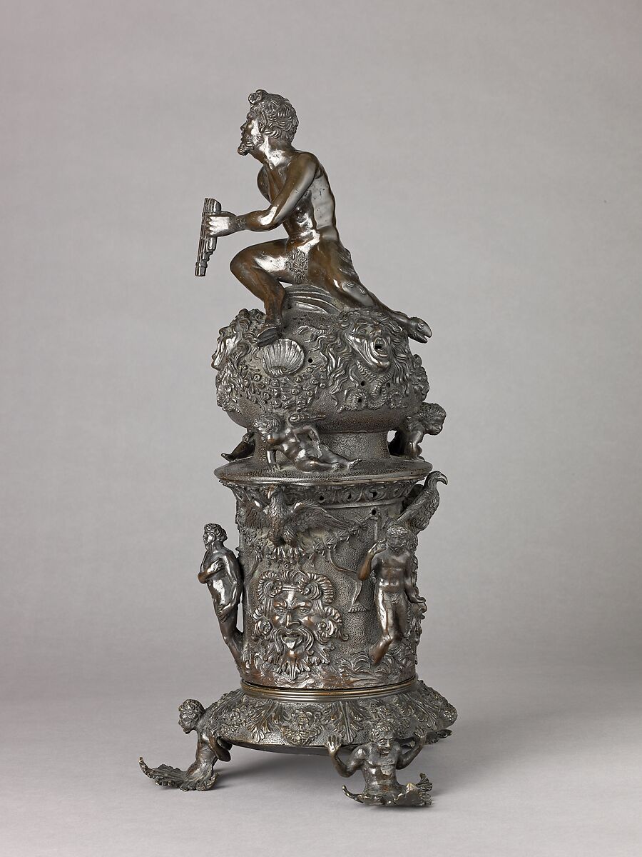 Perfume Burner Surmounted by a Satyr, Workshop of Desiderio da Firenze (Italian, born Florence, active Padua, 1532–45), The cover and body are binary bronze (copper and tin, with traces of zinc, iron, nickel, silver, and antimony); the foot is cast in brass (copperzinc alloy with very minor amounts of tin, lead, and the usual copper impurities of iron, nickel, silver, and antimony).