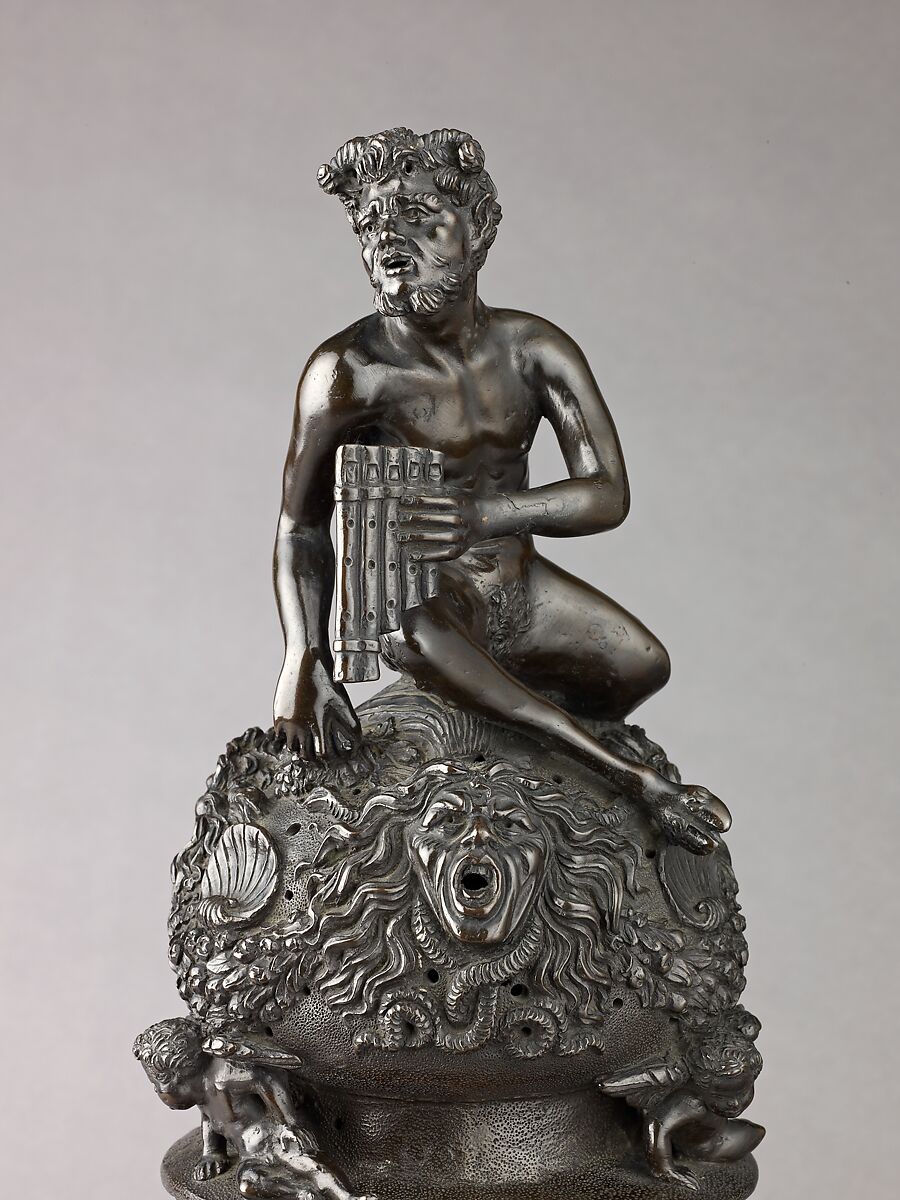 Perfume Burner Surmounted by a Satyr, Workshop of Desiderio da Firenze (Italian, born Florence, active Padua, 1532–45), The cover and body are binary bronze (copper and tin, with traces of zinc, iron, nickel, silver, and antimony); the foot is cast in brass (copperzinc alloy with very minor amounts of tin, lead, and the usual copper impurities of iron, nickel, silver, and antimony).