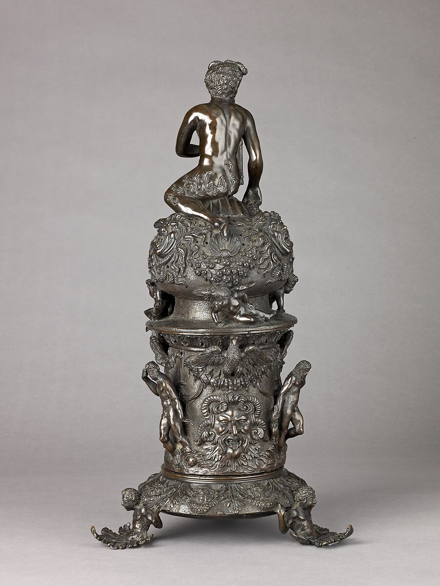 Perfume Burner Surmounted by a Satyr, Workshop of Desiderio da Firenze (Italian, born Florence, active Padua, 1532–45), The cover and body are binary bronze (copper and tin, with traces of zinc, iron, nickel, silver, and antimony); the foot is cast in brass (copperzinc alloy with very minor amounts of tin, lead, and the usual copper impurities of iron, nickel, silver, and antimony).