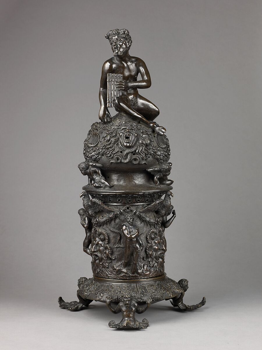 Perfume Burner Surmounted by a Satyr, Workshop of Desiderio da Firenze (Italian, born Florence, active Padua, 1532–45), The cover and body are binary bronze (copper and tin, with traces of zinc, iron, nickel, silver, and antimony); the foot is cast in brass (copperzinc alloy with very minor amounts of tin, lead, and the usual copper impurities of iron, nickel, silver, and antimony). 