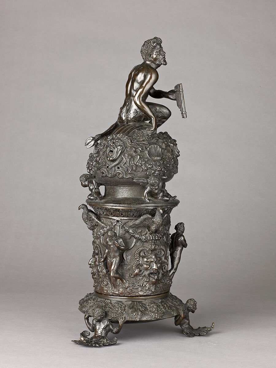 Perfume Burner Surmounted by a Satyr, Workshop of Desiderio da Firenze (Italian, born Florence, active Padua, 1532–45), The cover and body are binary bronze (copper and tin, with traces of zinc, iron, nickel, silver, and antimony); the foot is cast in brass (copperzinc alloy with very minor amounts of tin, lead, and the usual copper impurities of iron, nickel, silver, and antimony).