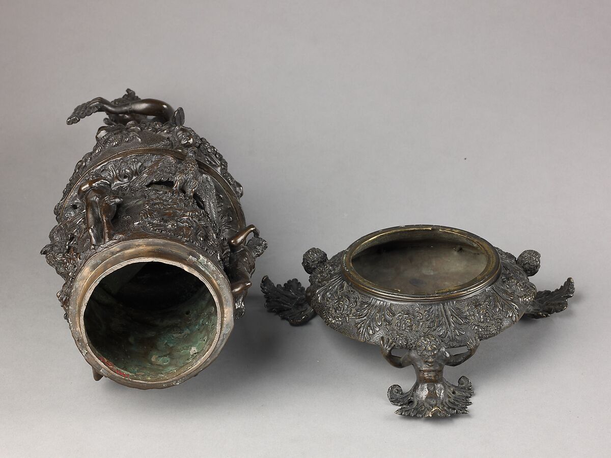 Perfume Burner Surmounted by a Satyr, Workshop of Desiderio da Firenze (Italian, born Florence, active Padua, 1532–45), The cover and body are binary bronze (copper and tin, with traces of zinc, iron, nickel, silver, and antimony); the foot is cast in brass (copperzinc alloy with very minor amounts of tin, lead, and the usual copper impurities of iron, nickel, silver, and antimony).