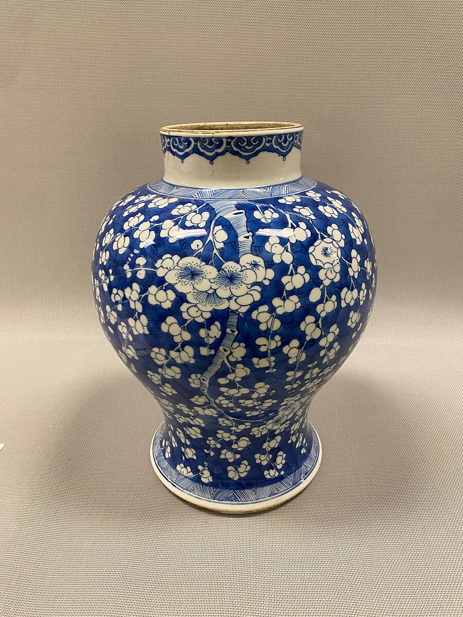 Covered jar with plum blossoms, Porcelain painted in underglaze cobalt blue (Jingdezhen ware), China