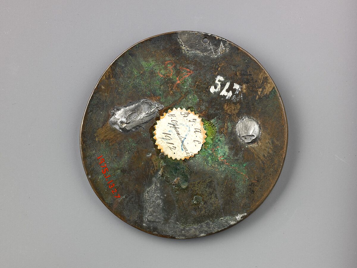 Meleager Hunting the Boar, Pseudo-Melioli  , Northern Italy, Copper alloy with dull brown patina; pierced at the top; remnants of solder on the reverse., Italian