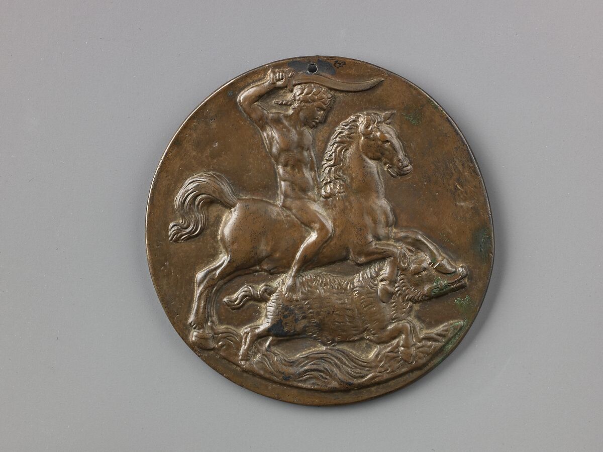 Meleager Hunting the Boar, Pseudo-Melioli  , Northern Italy, Copper alloy with dull brown patina; pierced at the top; remnants of solder on the reverse., Italian