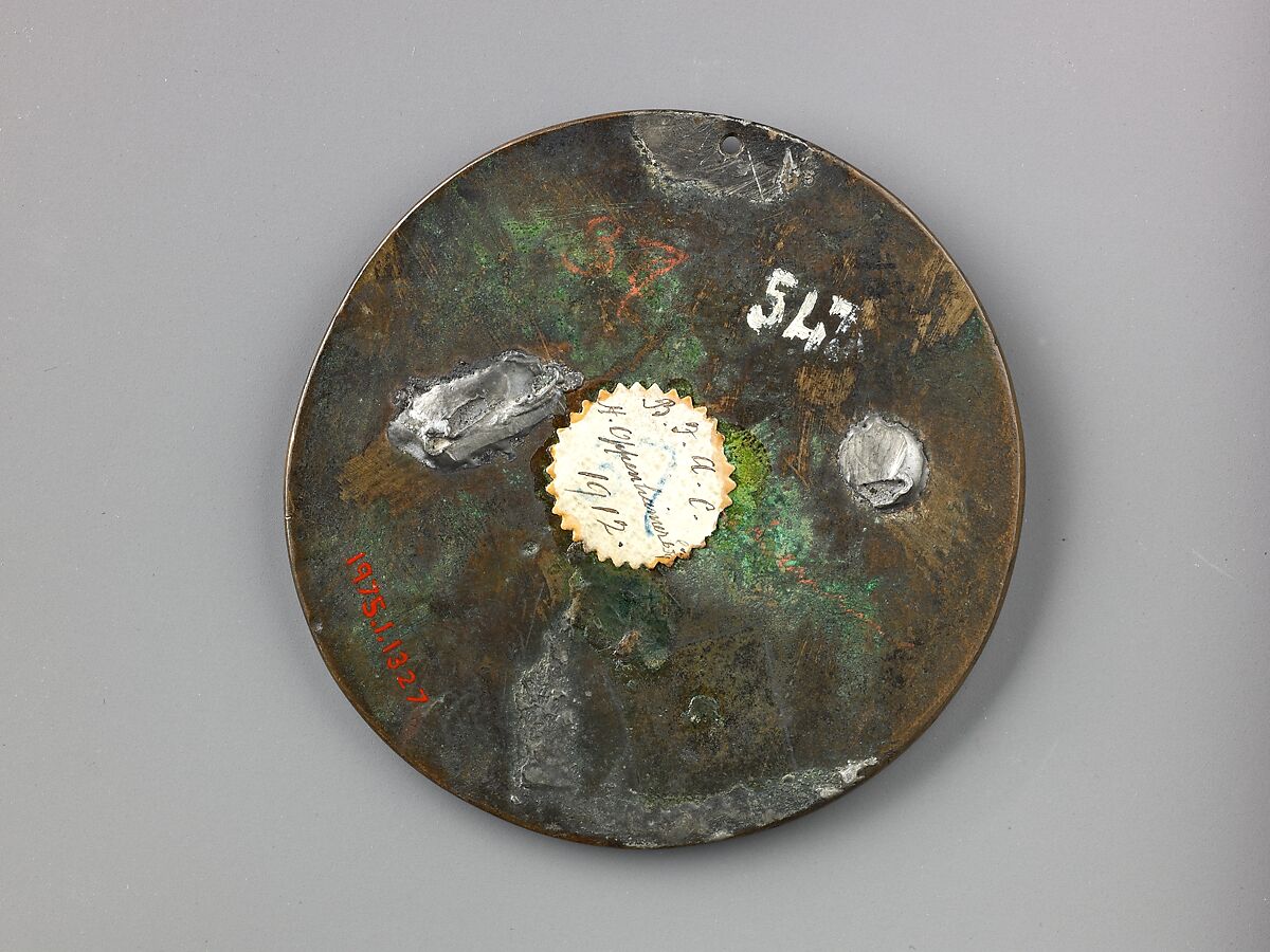 Meleager Hunting the Boar, Pseudo-Melioli  , Northern Italy, Copper alloy with dull brown patina; pierced at the top; remnants of solder on the reverse., Italian