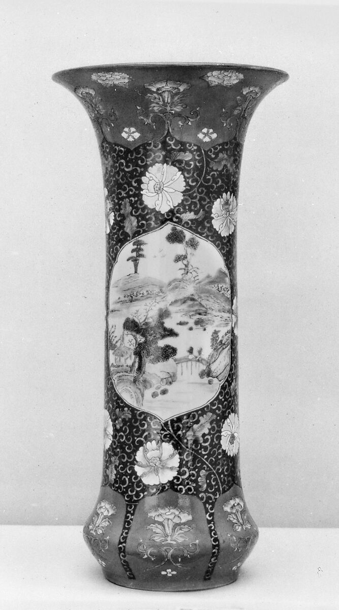 Vase with landscape and flowers, Porcelain painted in overglaze polychrome enamels (Jingdezhen ware), China 