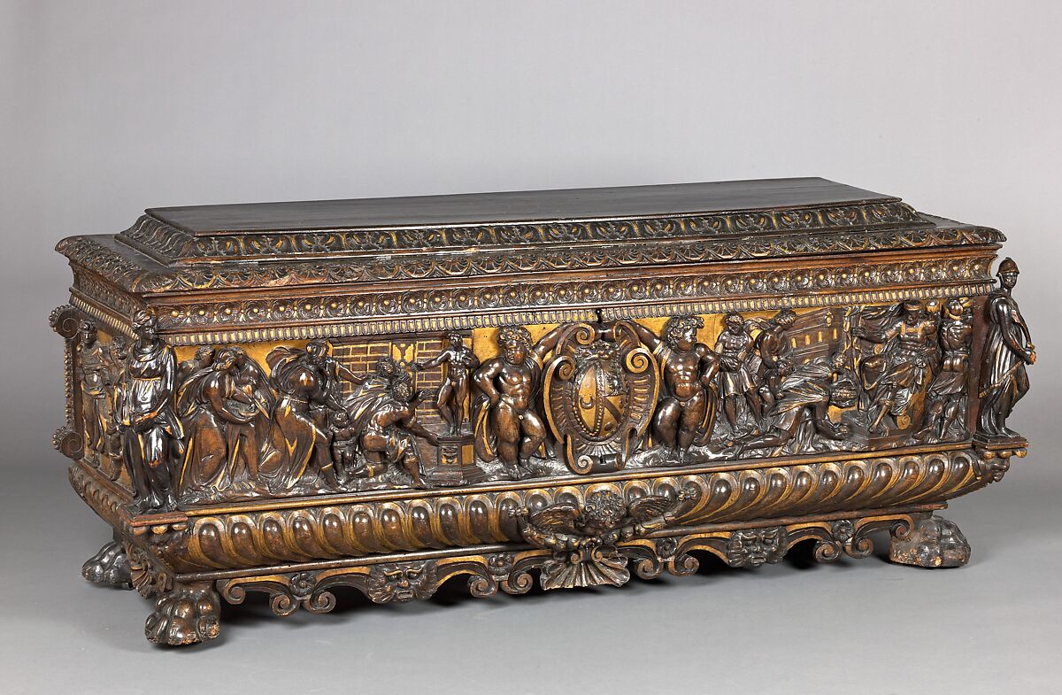 Cassone (chest), pair with 1975.1.1947, Walnut, carved and partially gilded; coniferous wood., Italian (Rome or Siena?) 