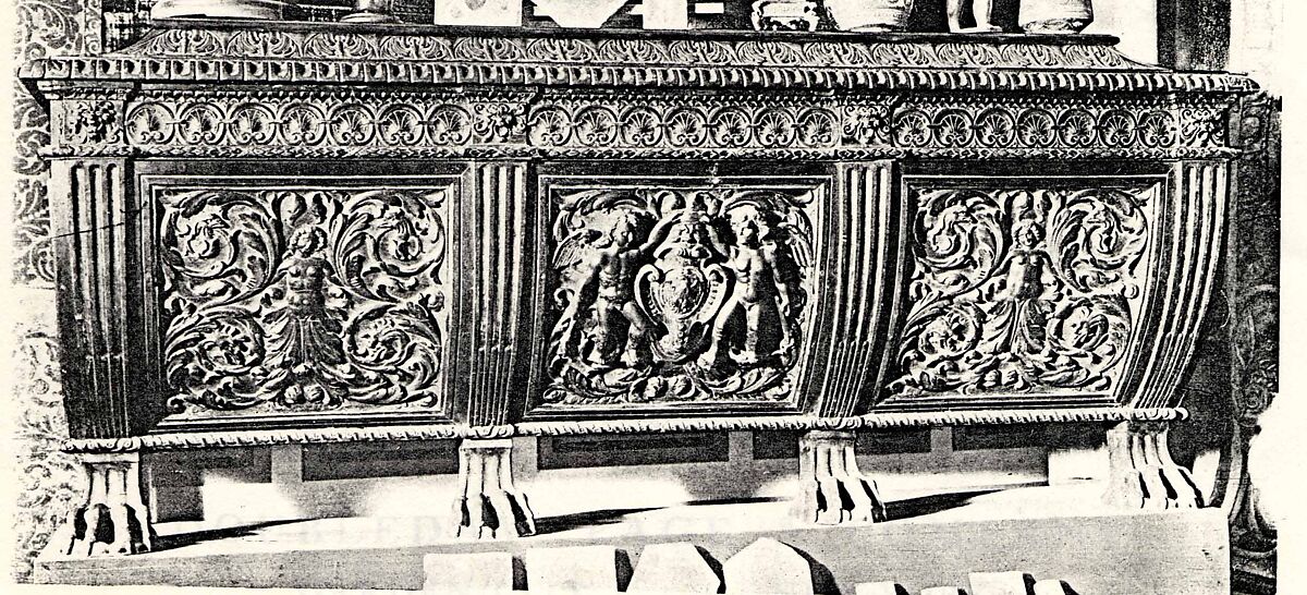 Cassone, Walnut, carved and partially gilded., Italian