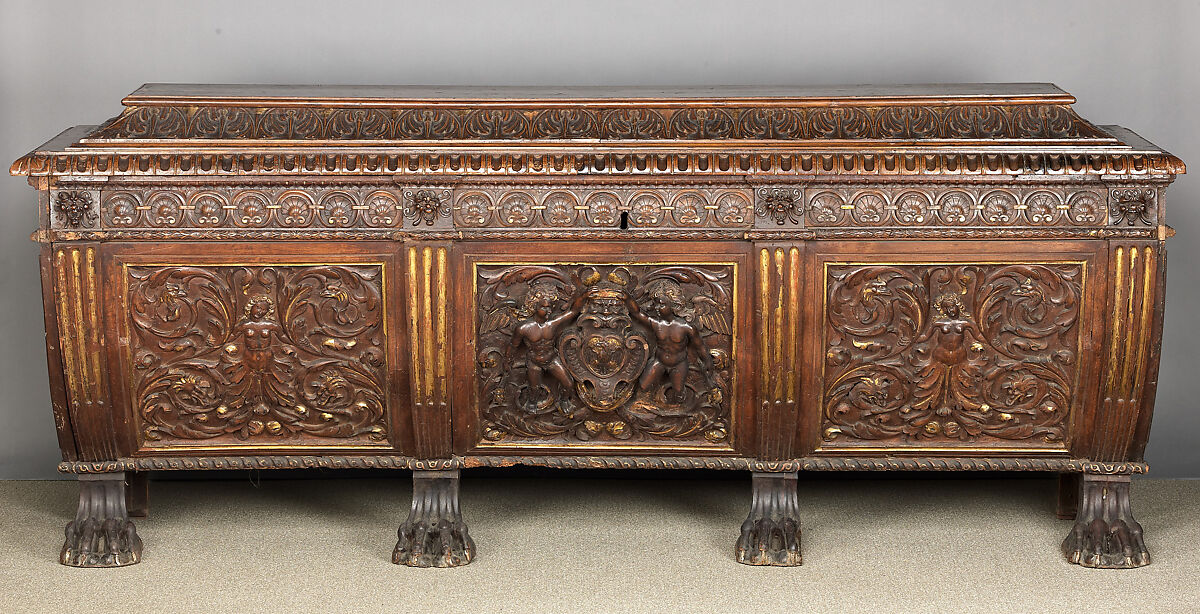 Cassone, Walnut, carved and partially gilded., Italian 