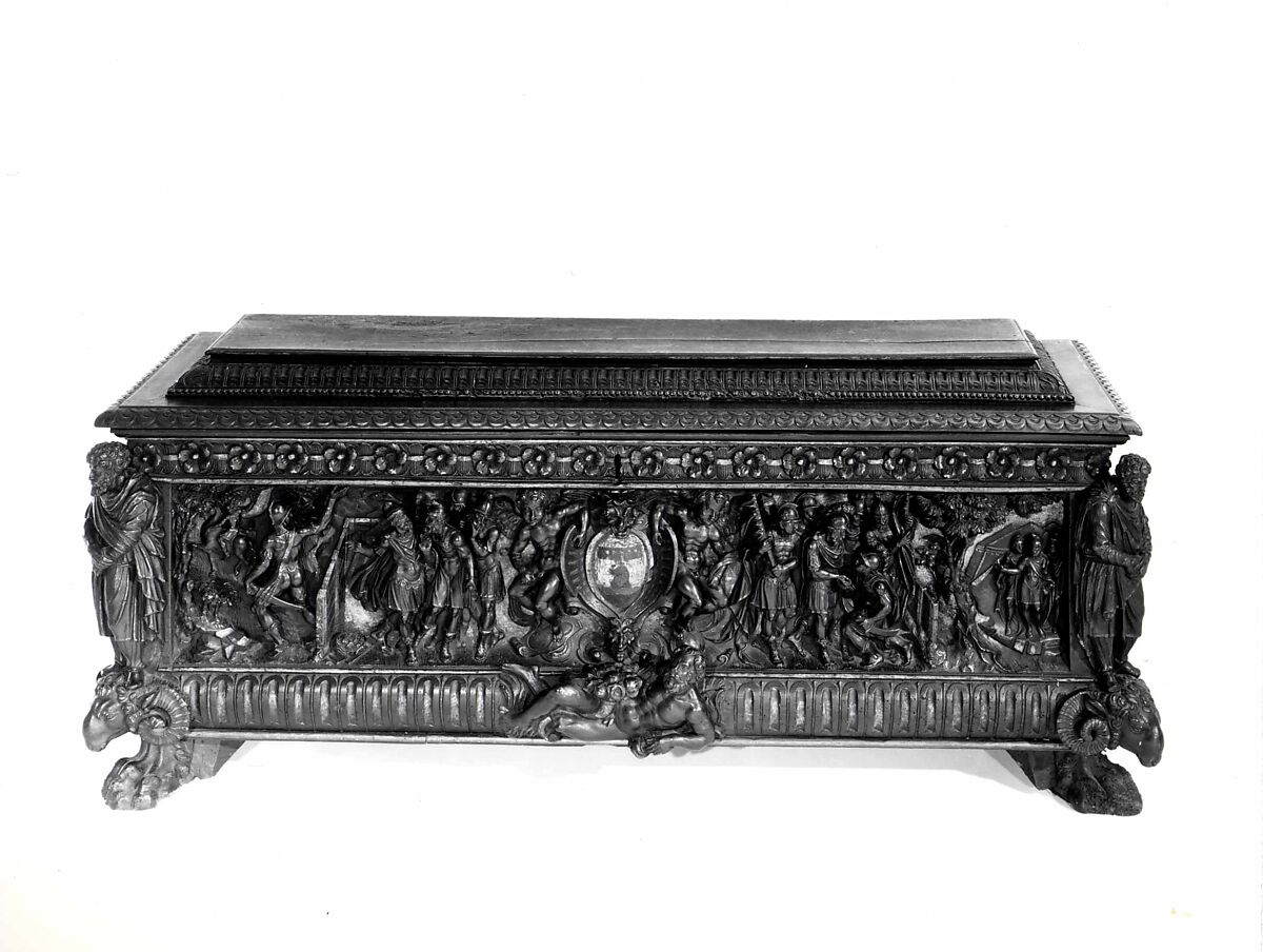 Cassone, Walnut, partially carved, traces of gilding and polychrome; iron hardware., Italian (Siena or Rome?)