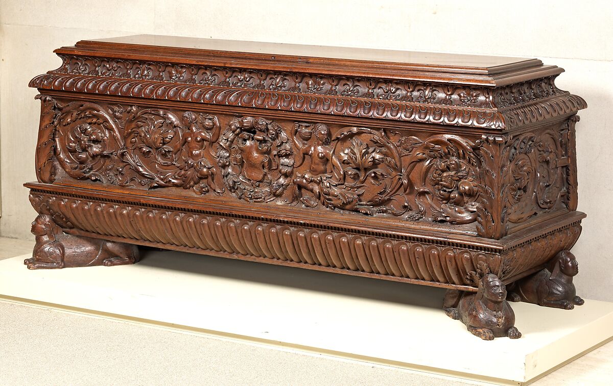 Cassone (chest, pair with 1975.1.1946), Walnut, carved and partly gilded., Italian (Tuscany?) 